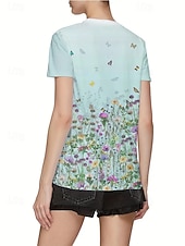 abordables T-shirt floral-Femmes T-shirt Hauts d&#039;été Fleuri Papillon Classique Occasionnel Manche Courte Col ras du cou Hauts courts Quotidien Week-end Imprimé Jaune Vert Claire Violet Été Printemps Automne