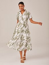 voordelige Vakantiejurken-Dames Vrouw Shirtjurk Casual jurk Jurk met print Halflange jurk Groen Korte mouw Blad Planten Palmboom Zak Omgord Afdrukken Zomer Lente Herfst Overhemdkraag Vakantie XS S M