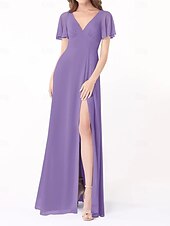 economico Abiti da damigella-Abito A-Line Damigella d&#039;Onore V Collo Manica Corta Elegante Lunghezza del Pavimento Chiffon con Fessura Frontale/Ruching