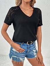 ieftine tricou simplu-Pentru femei Tricou Simplu Modă Stilat Modern Manșon scurt În V Topuri obișnuite Zilnic Sfârșit de săptămână Dantelă Peteci Negru Alb Roșu-aprins Trifoi Vară