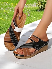 baratos Sandálias plataforma anabela-sandálias femininas de cunha vermelhas e pretas - confortáveis e elegantes com tira ajustável, perfeitas para uso casual e passeios descontraídos