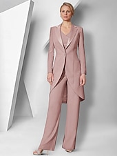 cheap Mom&#039;s Pant Suits-Pantsuit 3 Piece Mother of the Bride  Elegant V Neck Floor Length Stretch Fabric Long Sleeve Wrap Included with Solid Color 2025