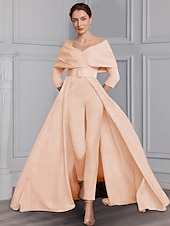 voordelige Mama&amp;#39;s jumpsuits-Twee-delige Jumpsuit Moeder van de Bruid Formele Bruiloft Gast Elegante Feest Scoop Hals Off Schouder Enkele Lengte Rekbare Stof 3/4 Lange Mouw met Ceintuur  Riem 2025