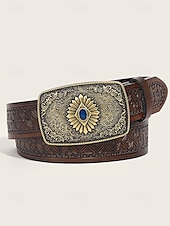 abordables Ceintures pour hommes-Ceinture western en similicuir pour homme avec boucle gravée vintage et pierre précieuse bleue, style cowboy pour rodéo, événements en plein air et tenue décontractée