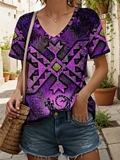 billige Boho t-skjorte-Dame T skjorte Grafisk Geometrisk Årgang Stilfull Klassisk Kortermet V-hals Vanlige topper Daglig Trykt mønster Rød Blå Lilla Oransje Grønn Sommer Vår