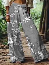 abordables jambe large et taille haute-Femmes Jambe large Chinos Pantalons Amples Vacances ancien Mode Longueur complète Taille haute Fleuri Graphique Impression Respirant Doux Micro-Élastique Formel Vacances Rue Violet Vert Gris Ét