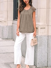 billiga Enkel t-shirt-Damernas T-shirt Enfärgad Plain Mode Stilig Klassisk Korta Ärmar Rund Halsringning Regelbundna Toppar Daglig Helg Spets Lappar Svart Blå Grön Khaki Sommar
