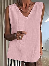 voordelige Overhemden-Dames Overhemd Linnen-geïnspireerde sets Blouse Effen Modern Casual Mouwloos V-hals Normale tops Dagelijks Feestdagen Zwart Blozend Roze Leger Groen Beige Grijs Zomer