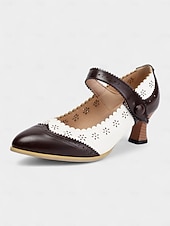 cheap Victorian &amp; Edwardian-Women's 1900s Edwardian Vintage Gatsby Mary Jane Shoes-Green and White Leather Cutout Heels with Scalloped Edge, Perfect for Historical Costumes, Retro Parties, and Daily Wear