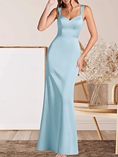 cheap Floor Length-Mermaid / Trumpet Mother of the Bride Dress Wedding Guest Elegant Minimalist V Neck Floor Length Satin Sleeveless with Ruching