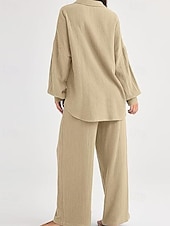 abordables Ensembles-Femmes Actif Mode Chemises en coton et lin Ensembles en coton et lin Chemisier manche longue Col de chemise Couleur Unie Dubbele Rij Knopen Fête Décontracté Quotidien Noir Ivoire Vin Été Coupe