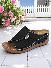 cheap Comfort Sandals-Women’s Light Blue Wedge Sandals – Open-Toe Slip-On Sandals with Soft Sole for Garden Walks and Summer Casuals