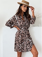 ieftine Rochii casual florale-Pentru femei Rochie Mini Rochii Tip Cămașă Rochie imprimata Elegant Zilnic Ieșire Fit regulat Leopard Dungi Manșon Lung Guler Cămașă Leopard Roz Îmbujorat Albastru piscină Toamnă