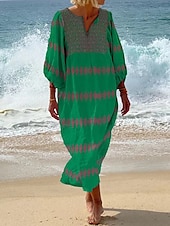 preiswerte Boho Kleider-Damen Maxikleid Shiftkleid Lässig Strand Normale Passform Blumen Dreiviertelarm V Ausschnitt Weiß Gelb Blau Grün Sommer