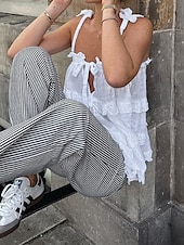 baratos Camisas-Mulheres Camisas de algodão e linho Blusa Tecido Moderno Casual Sem Manga Com Alças Tops regulares Diário Para Noite Com Corte Branco Verão