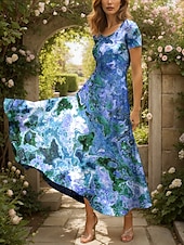 preiswerte Kunst &amp; Design Kleider-Damen Maxikleid Freizeitkleid A Linie Kleid Sommerkleid Elegant Urlaub Lässig Normale Passform Grafik Abstrakt Marmor Kurzarm Quadrathals Rote Blau Purpur Grün Sommer Frühling