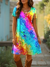 tanie kwiatowa sukienka-Damskie Sukienka mini Sukienka t-shirtowa Sukienka A line Letnie sukienki Codzienny Codzienny Regularny Ombre Graficzny Geometryczny Krótki rękaw Wycięcie pod szyją Niebieski Fioletowy Pomarańczowy