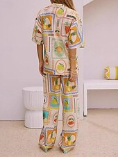 economico Set in cotone e lino-Per donna Moda Streetwear Camicie di cotone e lino Set di biancheria in cotone Set di Pantaloni Manica Corta Colletto a Camicia Frutta Stampato Abbigliamento quotidiano Data Cachi Estate Vestibilit