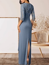 preiswerte Bodenlänge-Säule  Kolonne Mutter der Braut Kleid Hochzeitsgast Elegantes Hoher Schlitz V-Ausschnitt Bodenlanges Chiffon 3/4 Länge Ärmel mit Rüschenapplikationen Raffung