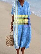 tanie Sukienki w paski i geometryczne-Damskie Sukienka midi Sukienka letnia Sukienka A line Urlop Codzienny Styl plażowy Impreza Wyjściowe Plaża Luźna Graficzny Geometryczny Krótki rękaw W serek Niebiesko-biały Jasnozielony Królewski