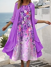 preiswerte Blumenkleid-Damen Kleid-Set Shiftkleid Sommerkleid Lässig Ombre Blumen Druck Midikleid Dreiviertelarm Rundhalsausschnitt Täglich Blau Purpur Fuchsie Sommer Frühling Normale Passform