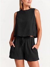 cheap Sets-Women&#039;s Active Basic Cotton Linen Sets Blouse Shorts Sets Sleeveless Crew Neck Solid Color Drawstring Going out Weekend Black Blue Orange Summer Regular Fit