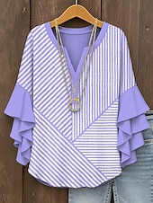 tanie Damskie topy w paski i geometryczne-Damskie Bluzka Graficzny Geometryczny Prążki Zabytkowe Codzienny Elegancki Rękaw 3/4 W serek Zwykłe topy Codzienny Święto Ubrania wakacyjne Falbana Nadruk Czarny Żółty Rumiany róż Niebieski Fioletowy