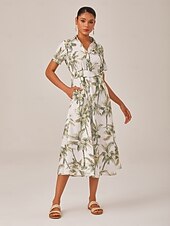 voordelige Vakantiejurken-Dames Vrouw Shirtjurk Casual jurk Jurk met print Halflange jurk Groen Korte mouw Blad Planten Palmboom Zak Omgord Afdrukken Zomer Lente Herfst Overhemdkraag Vakantie XS S M