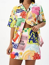 economico Set in cotone e lino-Per donna Moda Streetwear Camicie di cotone e lino Set di biancheria in cotone Set di Pantaloncini Manica Corta Colletto a Camicia pianta Stampato Abbigliamento quotidiano Data Giallo Estate