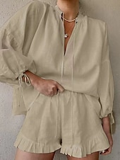 abordables Ensembles-Femmes Actif Chemises en coton et lin Chemisier Ensembles de Shorts manche longue Col en V Couleur Unie Froncé Décontracté Quotidien Week-end Noir Blanche Rose Claire Été Coupe régulière