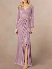 abordables Longueur du plancher-Sirène / Trompette Robe de Mère de Mariée  robe demoiselle d honneur Élégant Col en V Longueur au sol Chiffon manche longue avec Volants Devant Fendu Fronces 2025