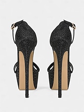 halpa Platta Sandalet-naisten mustat glitter-korkokengät - peep-toe-nilkkaremmillä varustetut juhlakengät yöelämään ja klubitapahtumiin