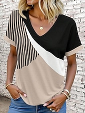 billige Stripe og geometrisk t-skjorte-Dame T skjorte Grafisk Geometrisk Årgang Stilfull Moderne Kortermet V-hals Vanlige topper Daglig Trykt mønster Rosa Blå Lilla Grønn Kakifarget Sommer