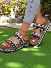 preiswerte Rutschsandalen-Damen-Sandalen im Boho-Stil in Blau mit Webmuster – Plateau-Slipper im Ethno-Stil für Strandurlaube und lässige Sommeroutfits