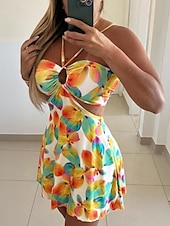 ieftine Rochii Boho-Pentru femei Rochie Mini Rochie florala Rochie de vară Rochie cu decolteu Rochie imprimata Clasic Modern În aer liber Vacanță Concediu Fit regulat Floare Fără manșon Gâtul halter Alb Galben Roșu Vin