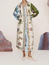 ieftine proiectează rochii din bumbac și in-Pentru femei Rochie Lunga Rochie Maxi Rochii de in bumbac Rochie casual Modă În aer liber Petrecere Concediu Fit regulat Animal Manșon Lung Guler Cămașă Kaki Vară