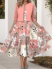 ieftine rochie florală-Pentru femei Set de rochii Rochie A line Rochie de vară Petrecere Rochii Semi Formale Floral Grafic Imprimeu Rochii Midi Manșon Jumate În V Invitat la nunta Zilnic Roz Îmbujorat Albastru piscină Mov