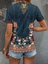 billige Boho t-skjorte-Dame T skjorte Blomstret Grafisk Fargeblokk Bohem Årgang Etnisk Kortermet Crew-hals Rund hals Vanlige topper Daglig Ut på byen Helg Trykt mønster Rød Blå Lilla Grønn Sommer Vår