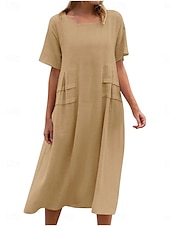 preiswerte Kleider aus Baumwolle und Leinen entwerfen-Damen Midikleid Baumwoll-Leinen-Kleider Freizeitkleid Sommerkleid Klassisch Modern Täglich Wochenende Normale Passform Einfach Kurzarm Rundhalsausschnitt Schwarz Gelb Rosa Königsblau Sommer