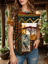 Χαμηλού Κόστους Boho t-shirt-Γυναικεία Μπλουζάκι Γραφική Γεωμετρικό Συνδυασμός Χρωμάτων Βοημία Βίντατζ Etnic Κοντομάνικο Στρογγυλή Ψηλή Λαιμόκοψη Στρογγυλή Λαιμόκοψη Κανονικά μπλουζάκια Καθημερινά Εξόδου Σαββατοκύριακο Στάμπα