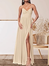abordables Robes de demoiselle d&#039;honneur-Robe de demoiselle d&#039;honneur trapèze, col en V, sans manches, élégante, longueur au sol, en mousseline extensible avec plis / devant fendu / froncé 2025