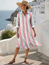 ieftine Rochie cu dungi și geometrică-Pentru femei Rochii Midi Rochii Tricou Casual Dată Potrivire Largă Floral Grafic Manșon Lung Guler Cămașă Galben Roz Îmbujorat Albastru piscină Trifoi Toamnă Iarnă