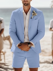 billige Bryllupsdresser-Menn Smokings Lindresser Strandbryllup Himmelblå Kakifarget Sommer Dress Hakkjakkeslag Mote Daglig Ensfarget Standard passform 2-delt sett Enkelt Brystet To-knapp