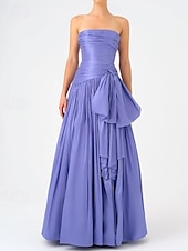 baratos LARANJA-Vestido de Noite A-Line Vestido Elegante Tafetá Casamento Formal Comprimento até o Chão Sem Mangas Sem Alças Chiffon com Laços Detalhes Ruchados