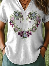 billige Kvinnenes Kunst &amp; Design Topper-Dame Bluse Hjerte Blomstret Grafisk Stilfull Kortermet V-hals Hals med hakk Vanlige topper Daglig Trykt mønster Hvit Sommer