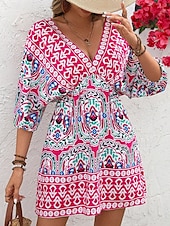 billiga Boho klänningar-Dam Mini klänning A linjeklänning Semester Ledigt Boho Utomhus Utekväll Normal Blommig Grafisk 3/4 ärm V-hals Fuchsia Sommar Vår