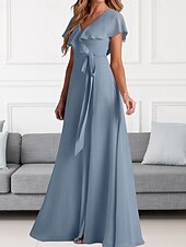 cheap Bridesmaid Dresses-A-Line Bridesmaid Dress V Neck Short Sleeve Elegant Floor Length Chiffon with Sash / Ribbon / Ruffles / Split Front