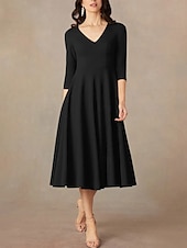 economico Lunghezza del tè-Abito A-Line madre della sposa ospite matrimonio elegante minimalista scollatura a V lunghezza tè in raso italiano manica a tre quarti con drappeggio