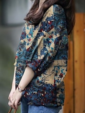 voordelige Dames grafische tops-Dames Overhemd Bloemig Dagelijks Retro vintage Modern Lange mouw Overhemdkraag Normale tops Dagelijks Feestdagen Knop Afdrukken Rood blauw Khaki Zomer