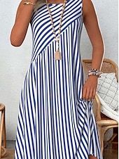 ieftine Rochii cu dungi și geometrice-Pentru femei Rochie Mini Rochie A line Rochie de vară Vacanță Casual În aer liber Ieșire Plajă Fit regulat Grafic Dungi Fără manșon Stil Nautic Albastru piscină Vară Primăvară